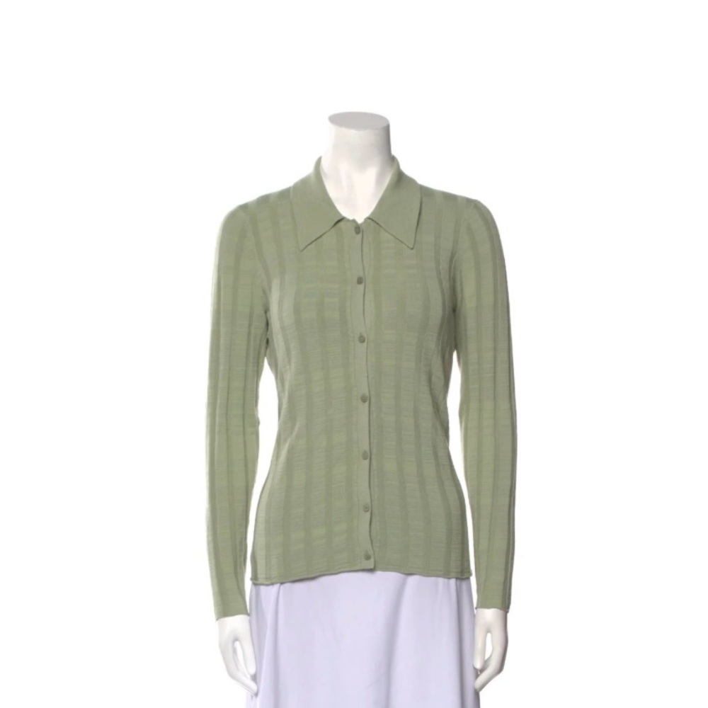 L‘Agence Stretch Knit Collared Cardigan in Light Sage Green Size Small